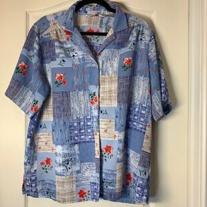 Alia Vintage Patchwork Floral Blouse Blue Quilt Pattern Retro 90s Size 14